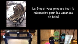 A baby stroller, a baby bassinet, and baby items on a wooden floor. - LE Glopet - Hauteluce-les-saisies (HAUTELUCE-LES-SAISIES)