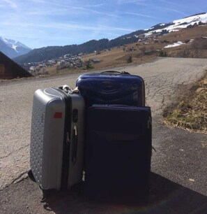 Luggage on a road with a mountainous landscape in the background.