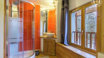 Shower, hair dryer, towels