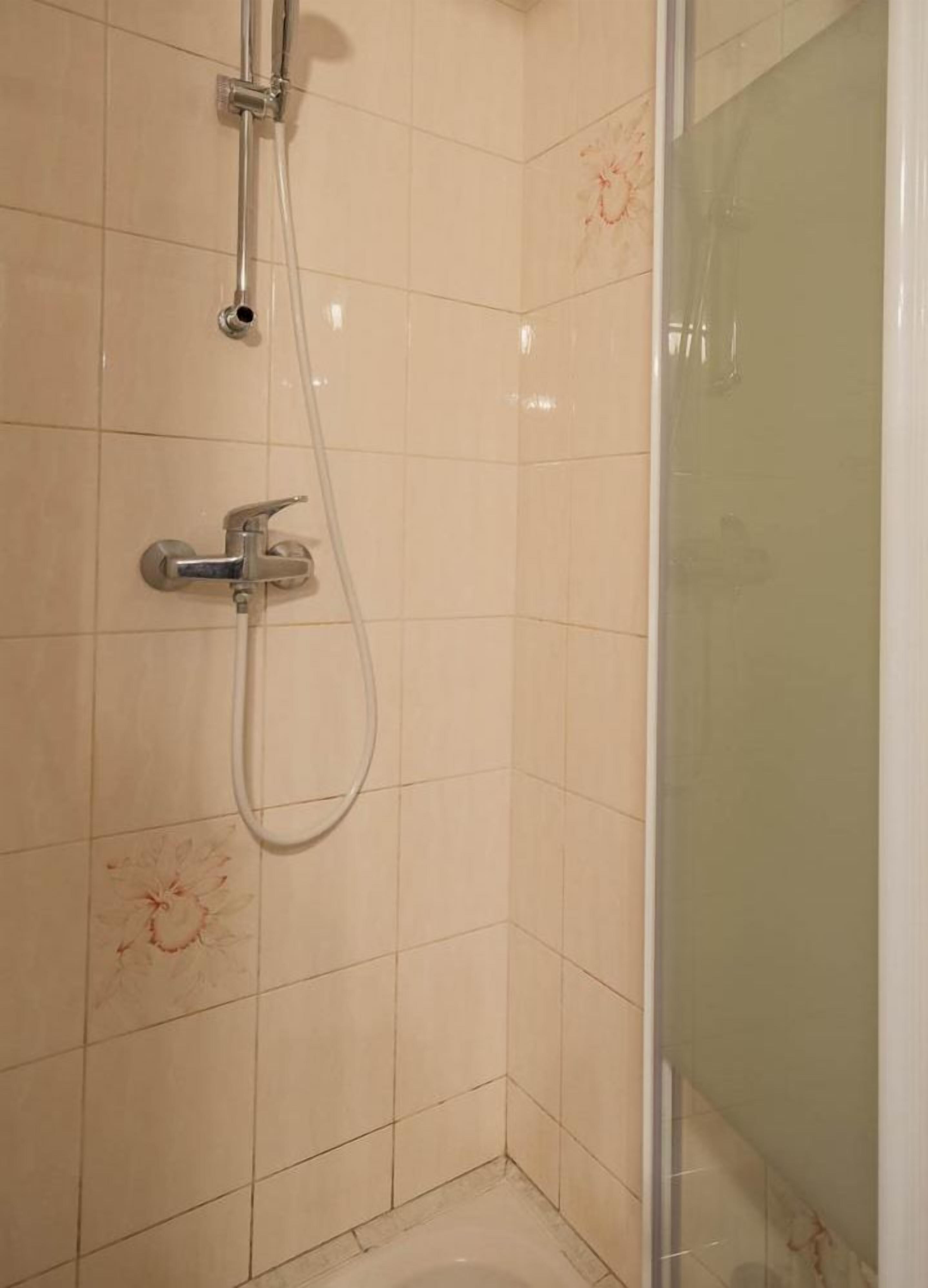A shower with a handheld showerhead and a wall-mounted faucet.