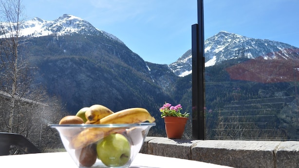 Een tafel met een fruitschaal en een bloempot, met uitzicht op een bergachtig landschap.