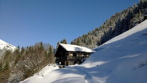 Un bâtiment de style chalet, doté d’un toit en pente, entouré d’arbres couverts de neige et avec une montagne en arrière-plan.