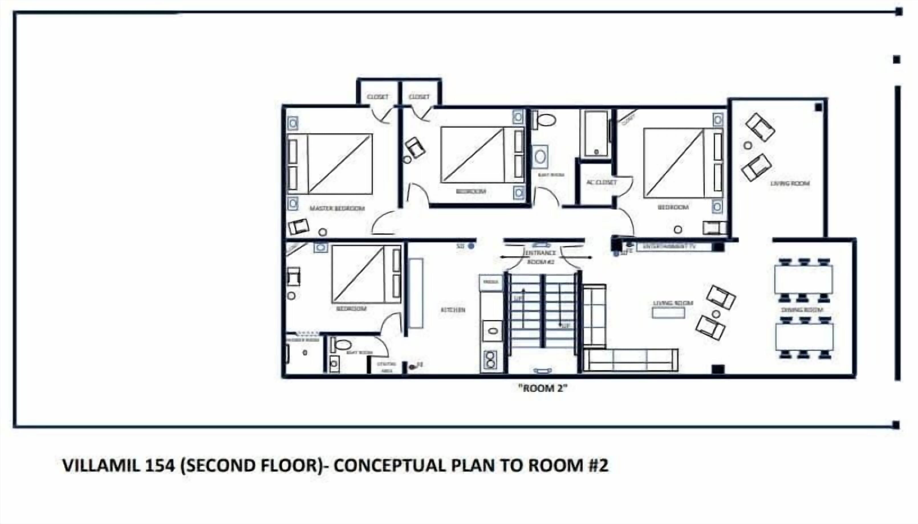 Een conceptuele plattegrond van een appartement op de tweede verdieping, met twee slaapkamers, een woonkamer, een keuken en een badkamer.