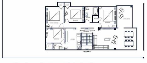 Een conceptuele plattegrond van een appartement op de tweede verdieping, met twee slaapkamers, een woonkamer, een keuken en een badkamer.