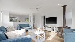 TV, fireplace, table tennis, books