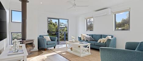 Televisor, llar de foc, taula de tennis de taula i llibres