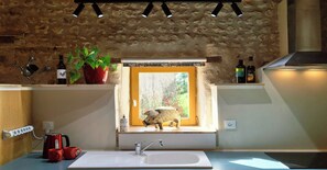 A kitchen with a stone wall, a window with a cow sculpture, and a sink.