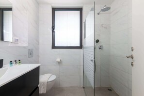 Shower, hair dryer, towels, shampoo