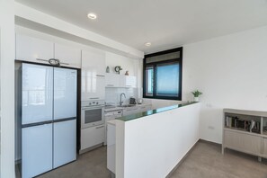 Fridge, oven, stovetop, coffee/tea maker