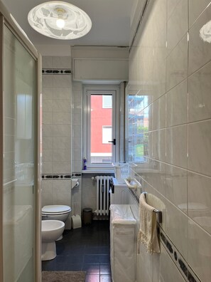 Chuveiro, secador de cabelo, roupões de banho, bidê