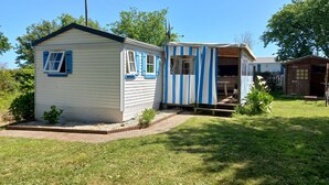 Ein kleines, eingeschossiges Mobilheim mit einem blau-weiß gestreiften Vordach, einer kleinen Veranda und einem Gartenbereich mit Pflanzen und einem Weg.