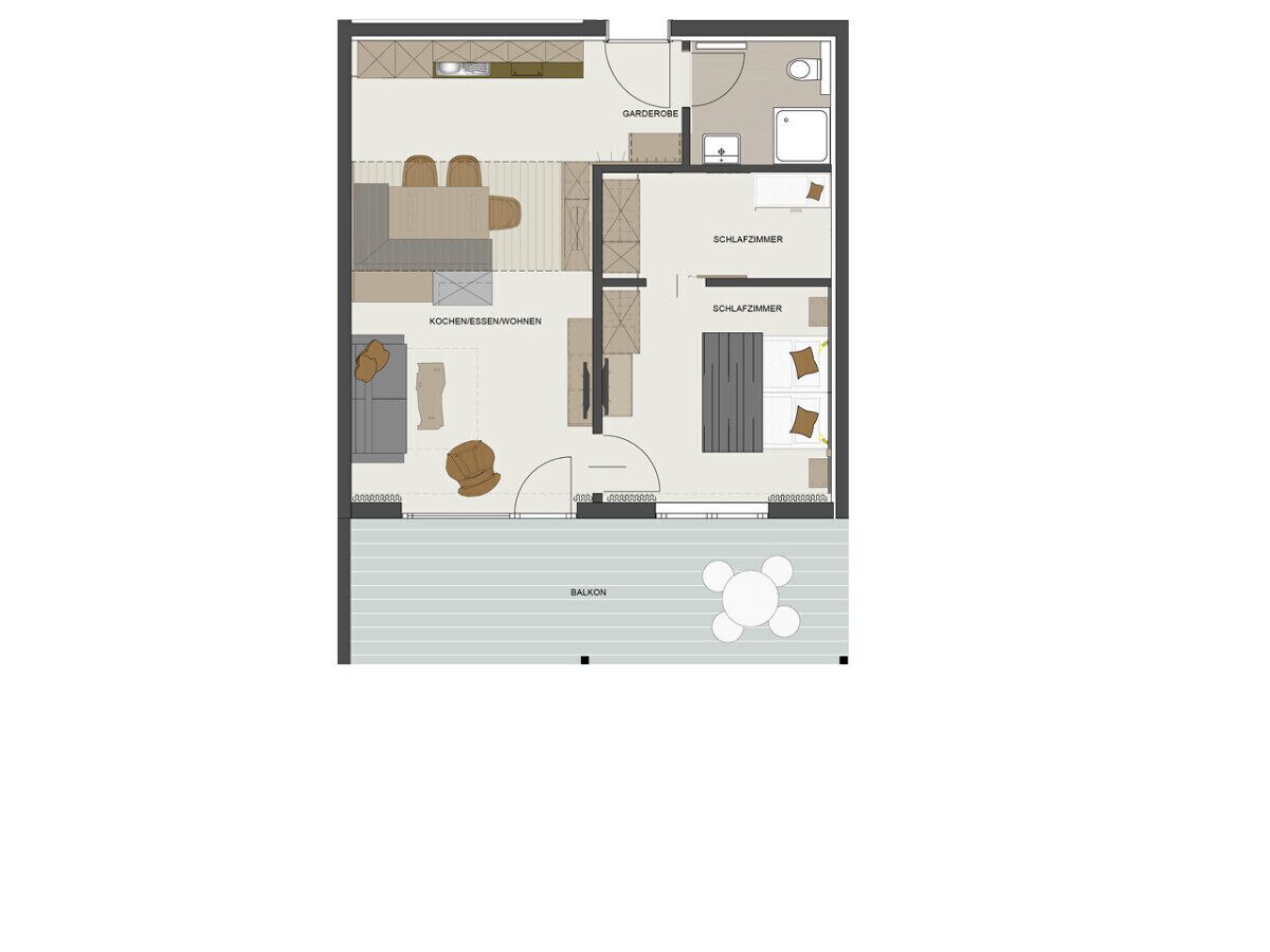En planløsning af et hotelværelse med balkon, tekøkken, badeværelse og to soveværelser.