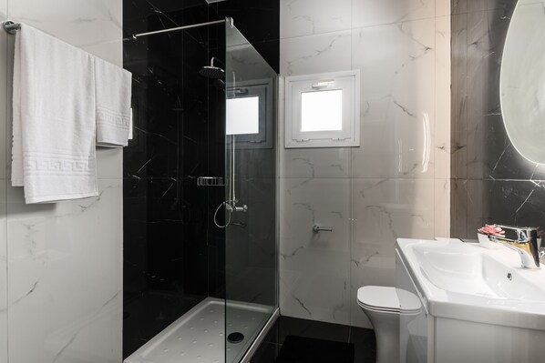 A modern bathroom with a glass-enclosed shower, a white sink, and a toilet.