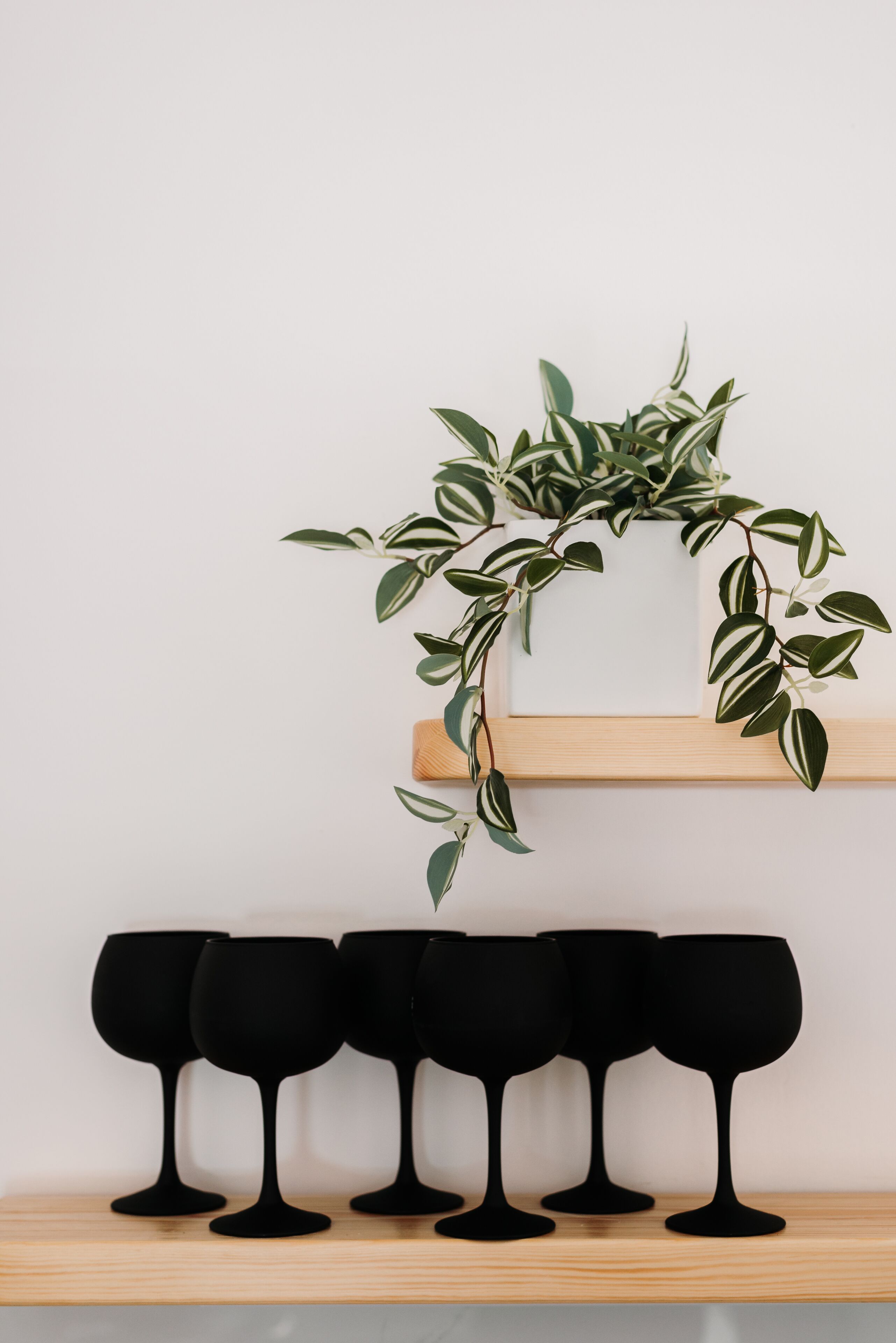 Un interior minimalista con una estantería de madera que sostiene copas de vino negras y una planta verde.