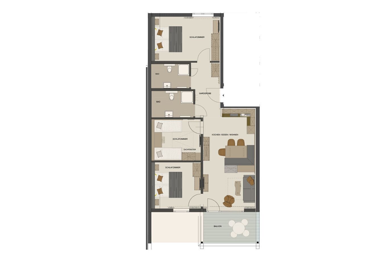 Un plan d’étage d’un hôtel comprenant un salon, une cuisine, deux chambres, une salle de bain et un balcon.