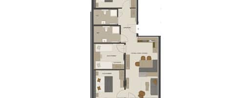 A floor plan of a hotel with a living room, kitchen, two bedrooms, a bathroom, and a balcony.