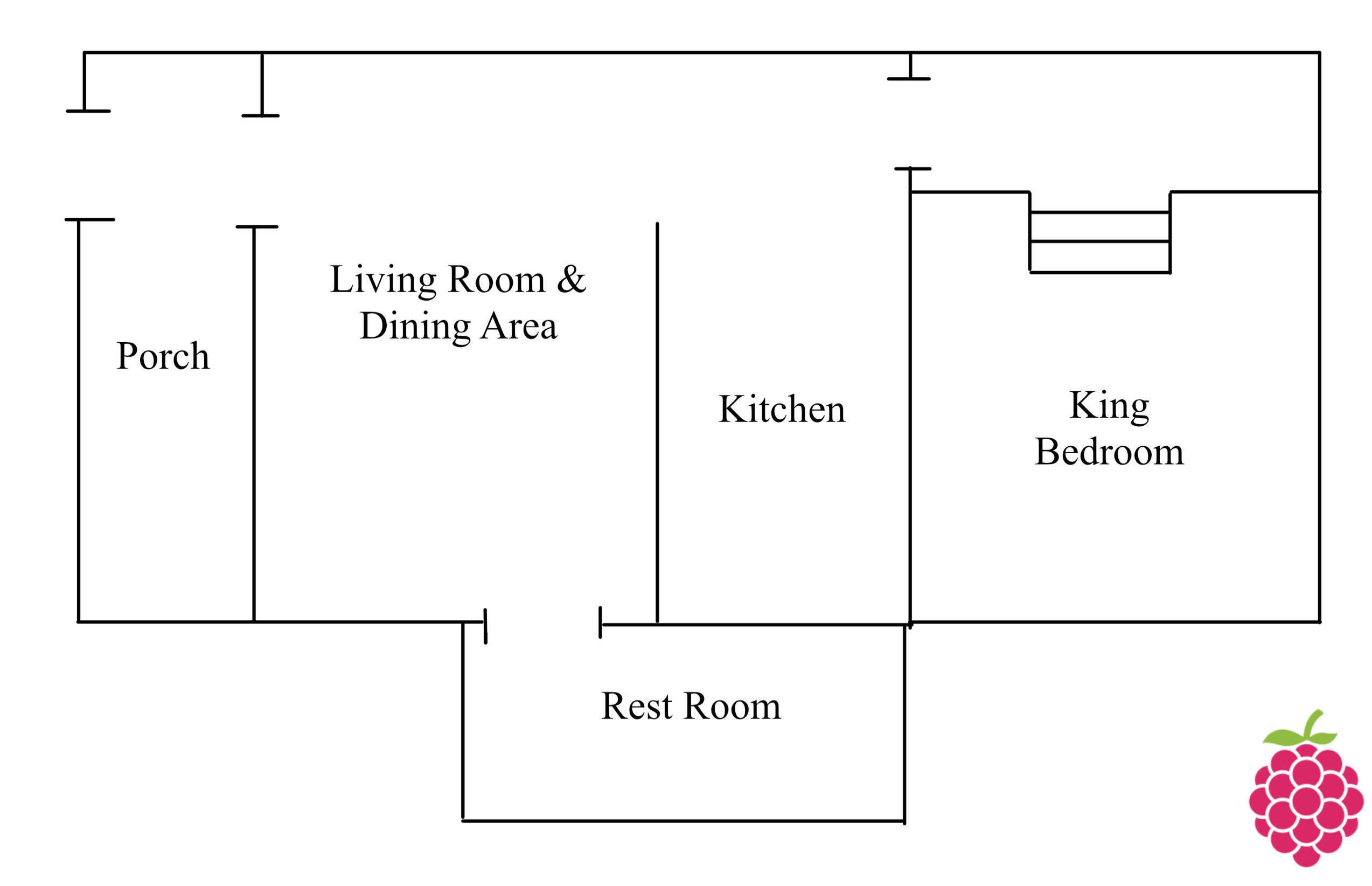 A floor plan with a Porch, Living Room & Dining Area, Kitchen, King Bedroom, and Rest Room.