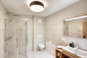 Shower, hair dryer, towels, toilet paper