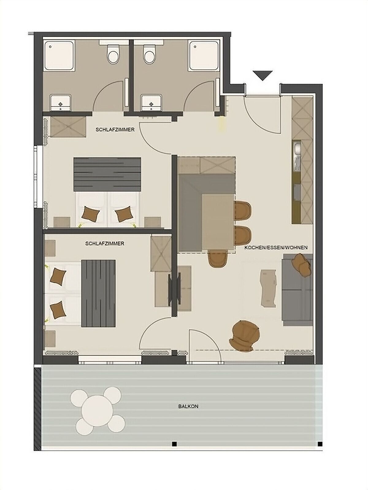 A hotel room layout with a balcony, a living area with a sofa and coffee table, a separate bedroom, a bathroom, and a kitchen area.