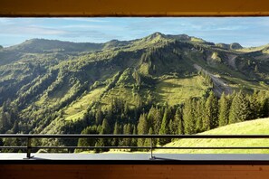 A view from a window overlooking a mountainous landscape with dense forests and a clear sky.