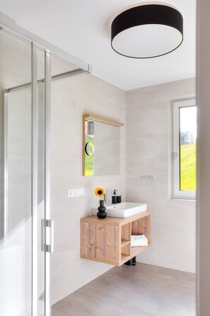 Dusche, Haartrockner, Handtücher, Toilettenpapier