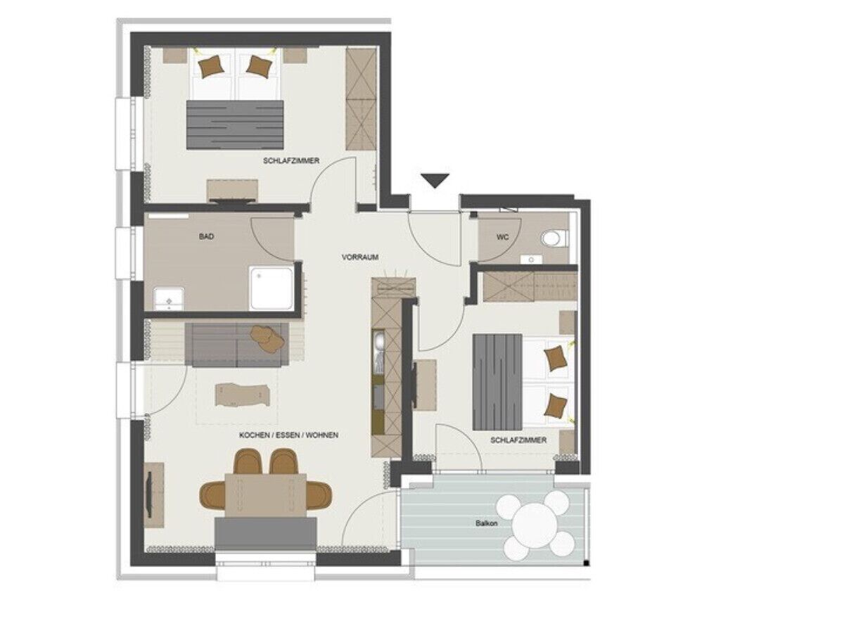 A floor plan of an apartment with a living room, kitchen, two bedrooms, a bathroom, and a balcony.