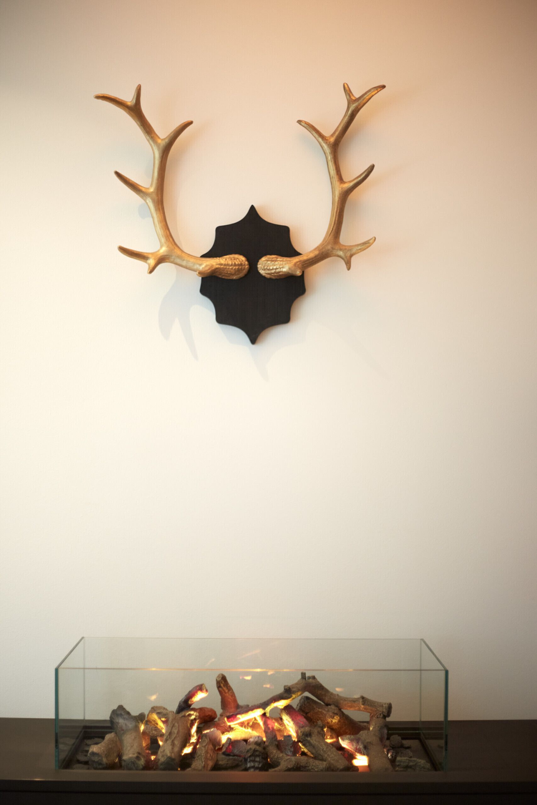 A wall-mounted deer antler decoration above a glass fireplace with burning logs.