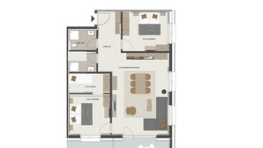 A floor plan of a hotel room with a balcony, a living area, a kitchen, a bathroom, and a bedroom. - Alpenstolz #4.09 Exklusive with coolfire (Damüls)