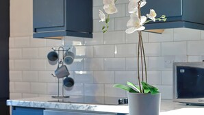 A modern kitchen with dark cabinets, a marble countertop, and a potted orchid. - The White City Apartment (Oban)