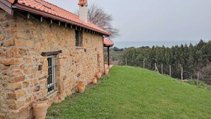 Ein Haus aus Stein mit rotem Ziegeldach, einem Schornstein und einem kleinen Fenster. Vor dem Haus stehen Terrakotta-Töpfe und im Hintergrund erstreckt sich ein grasbewachsener Hügel.