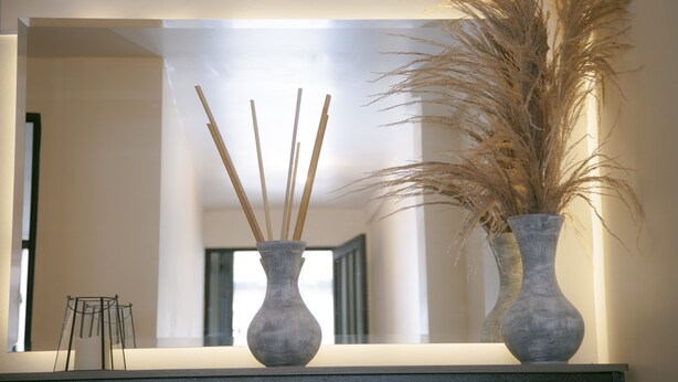 Two vases with dried plants on a reflective surface. - Reyes House Bogotá (Bogotá)