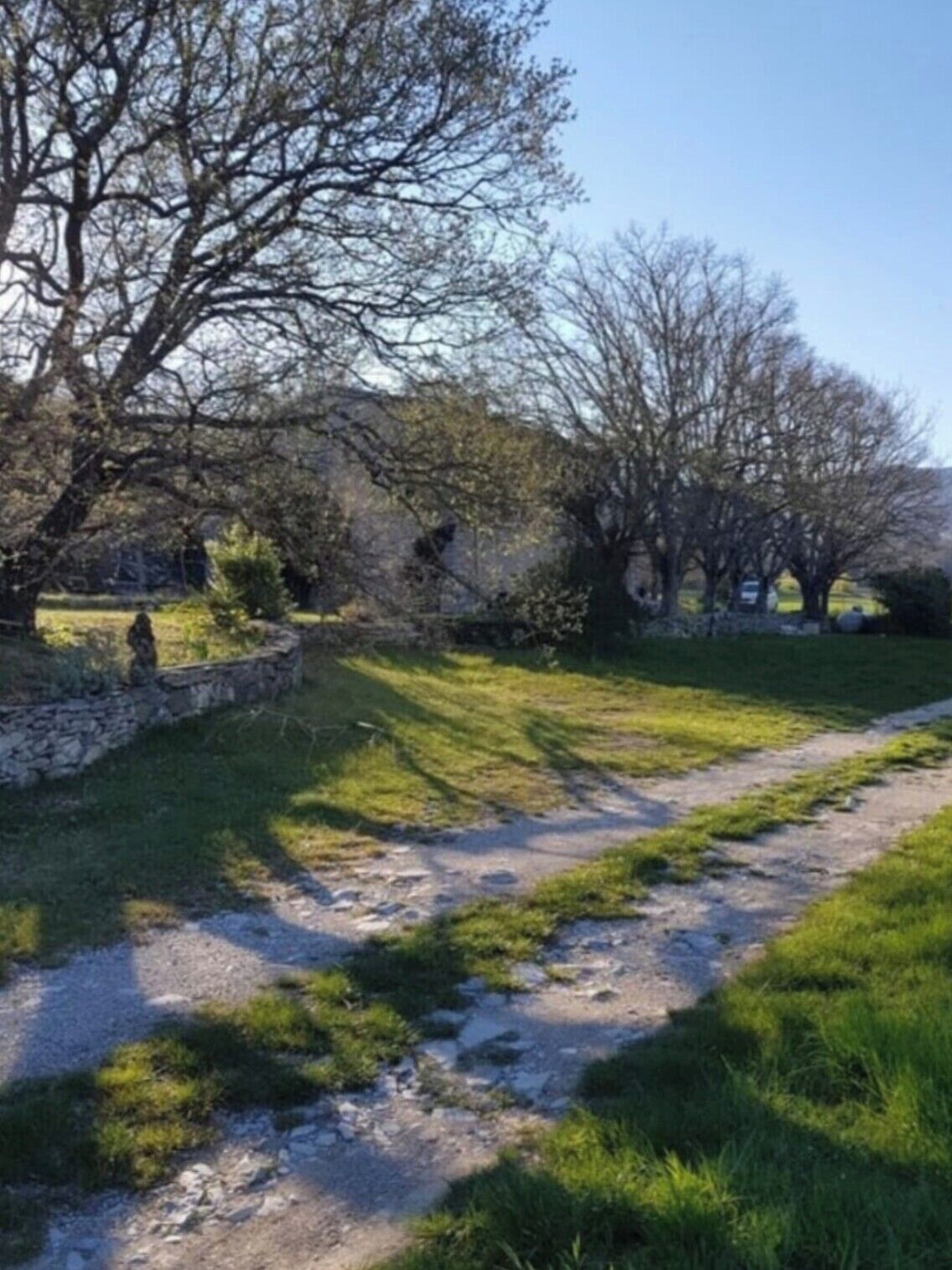 En grussti i en park med træer og en stenvæg.