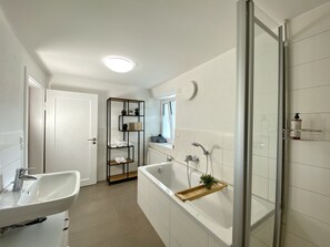 Hair dryer, towels, soap, shampoo
