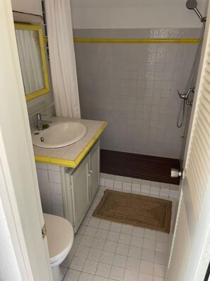 Douche, serviettes fournies, papier de toilette