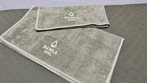 Deux serviettes pliées, portant l’inscription « DAMIA OTEL  », sont posées sur une surface texturée.