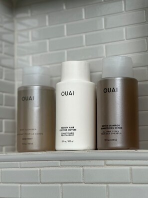 Hair dryer, towels, soap, shampoo