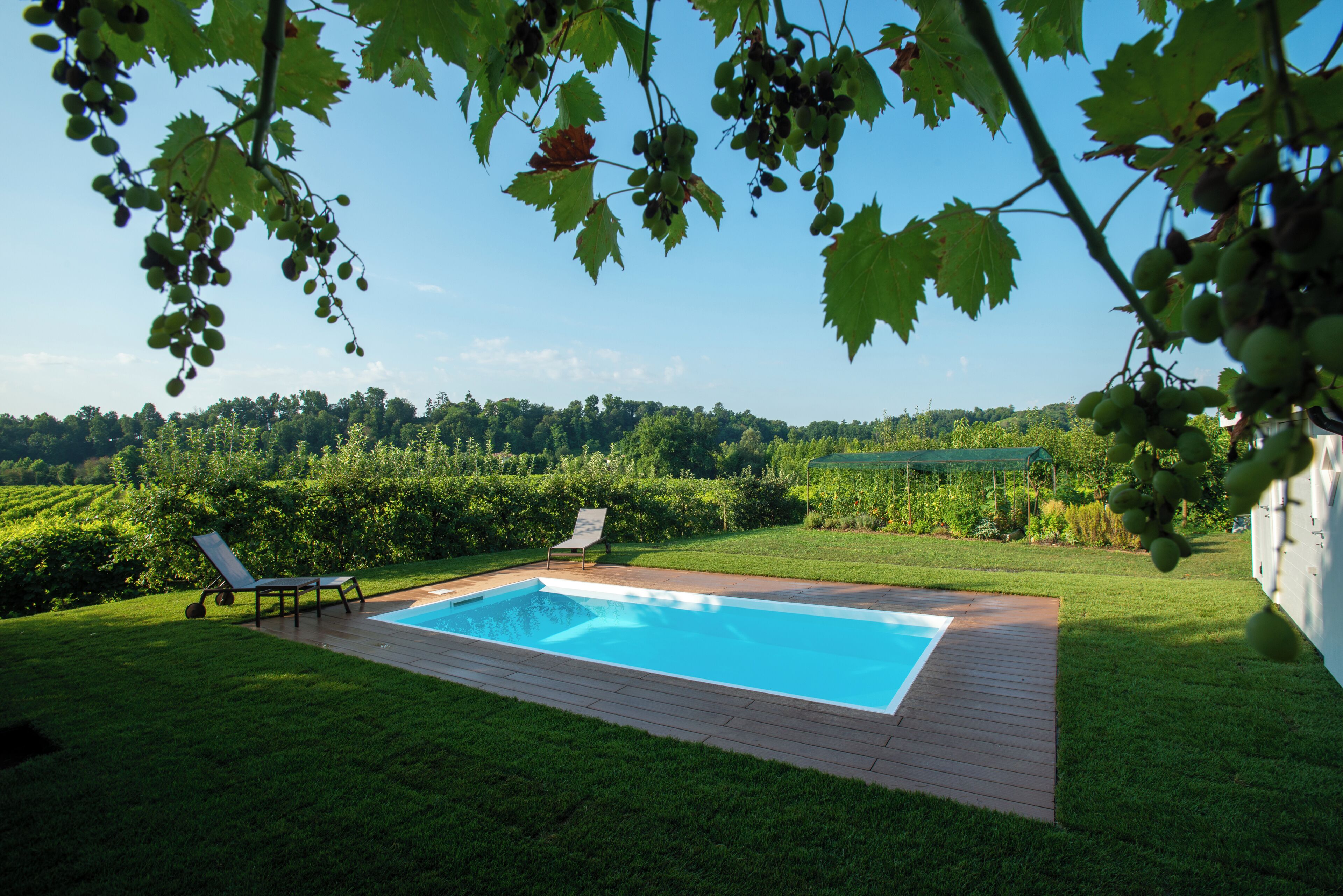 Une piscine rectangulaire avec une terrasse en bois, entourée d’une pelouse bien entretenue et offrant une vue sur une zone boisée.