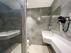 A modern bathroom with a glass shower enclosure, a white sink, and a large mirror.
