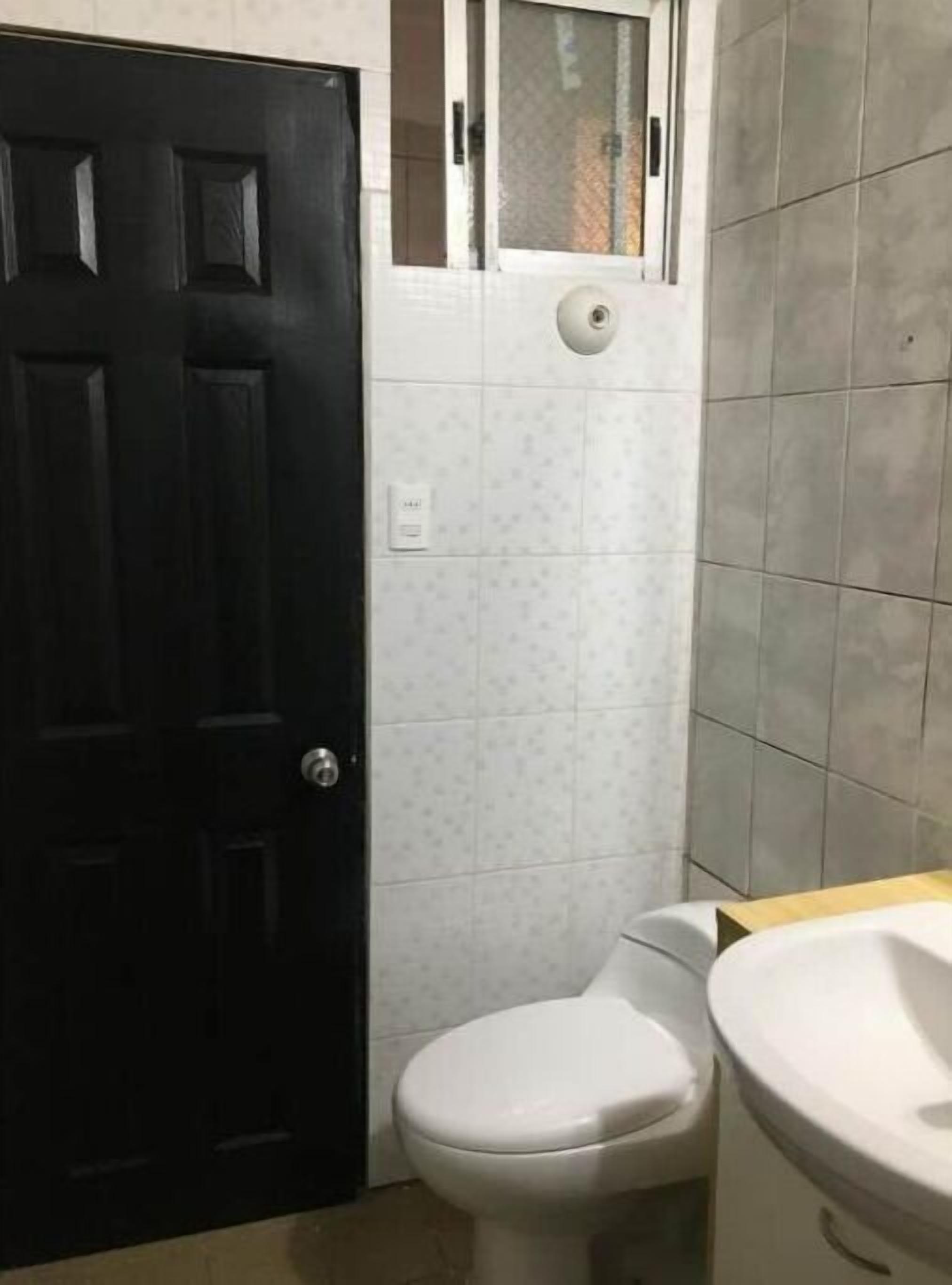 Un baño con una puerta negra, un inodoro y un lavamanos.