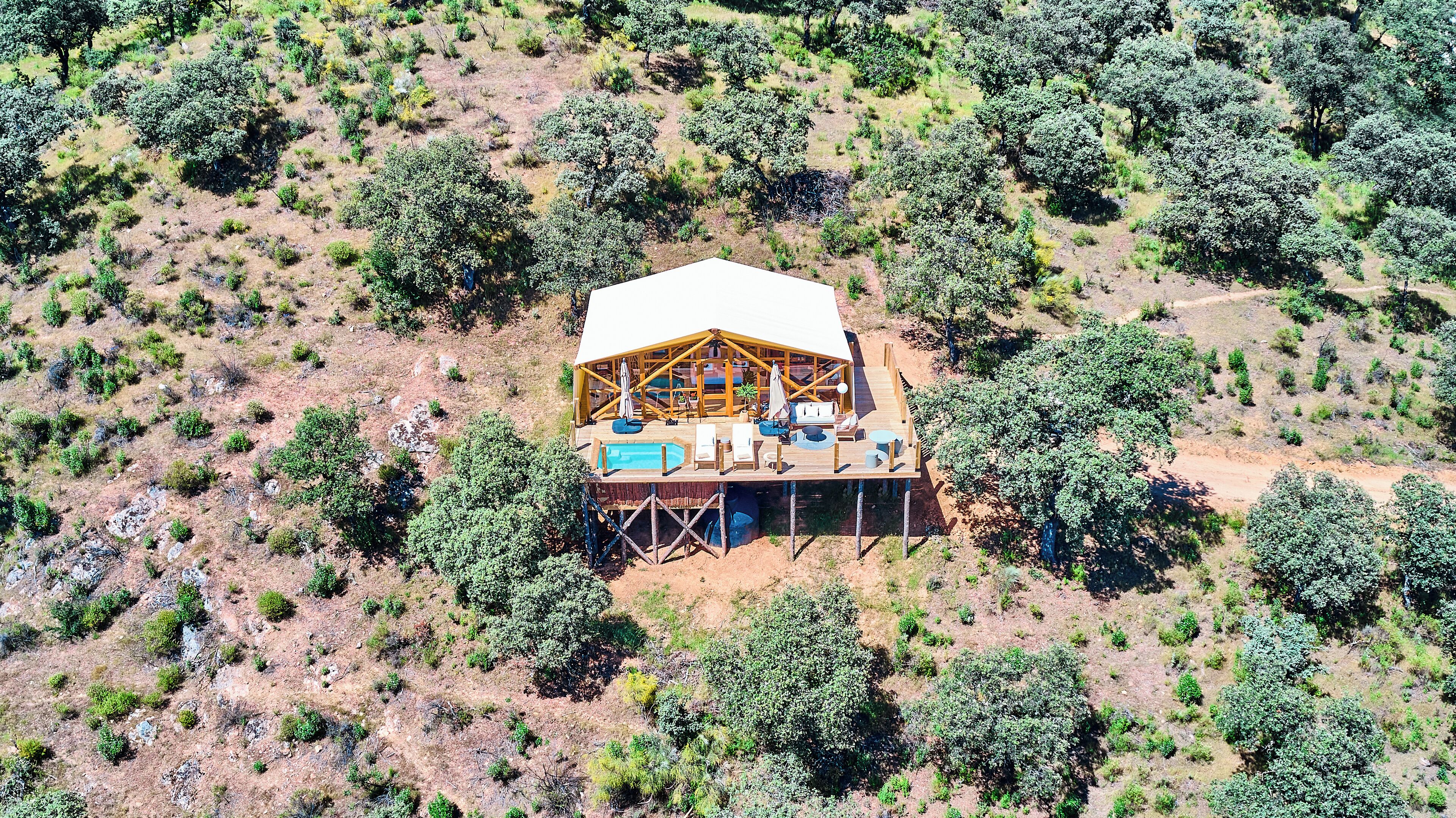 Vue aérienne d’un chalet en bois doté d’une piscine, entouré d’une végétation clairsemée.