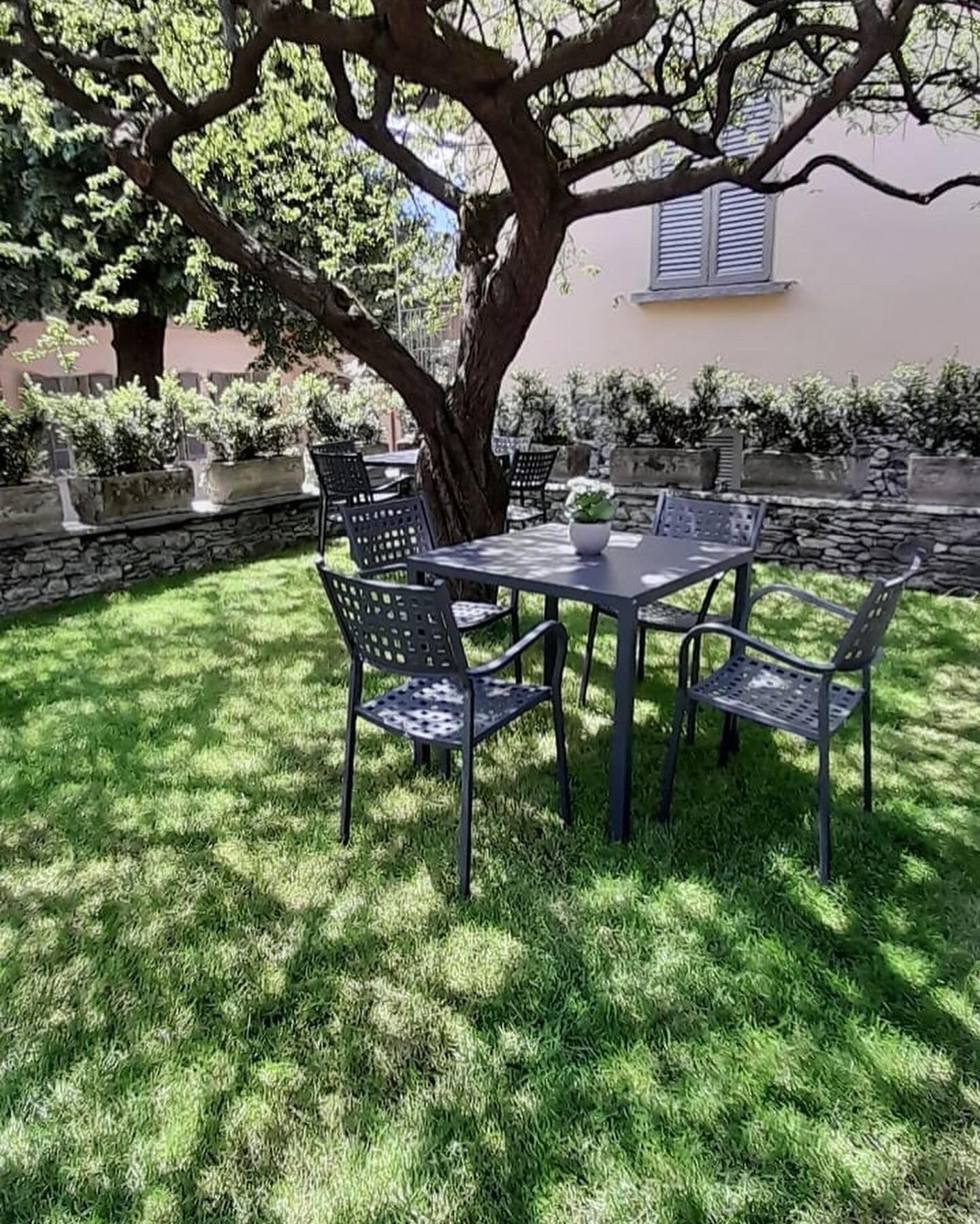 Une terrasse extérieure avec une table et des chaises, entourée d’un mur de pierre et de verdure.