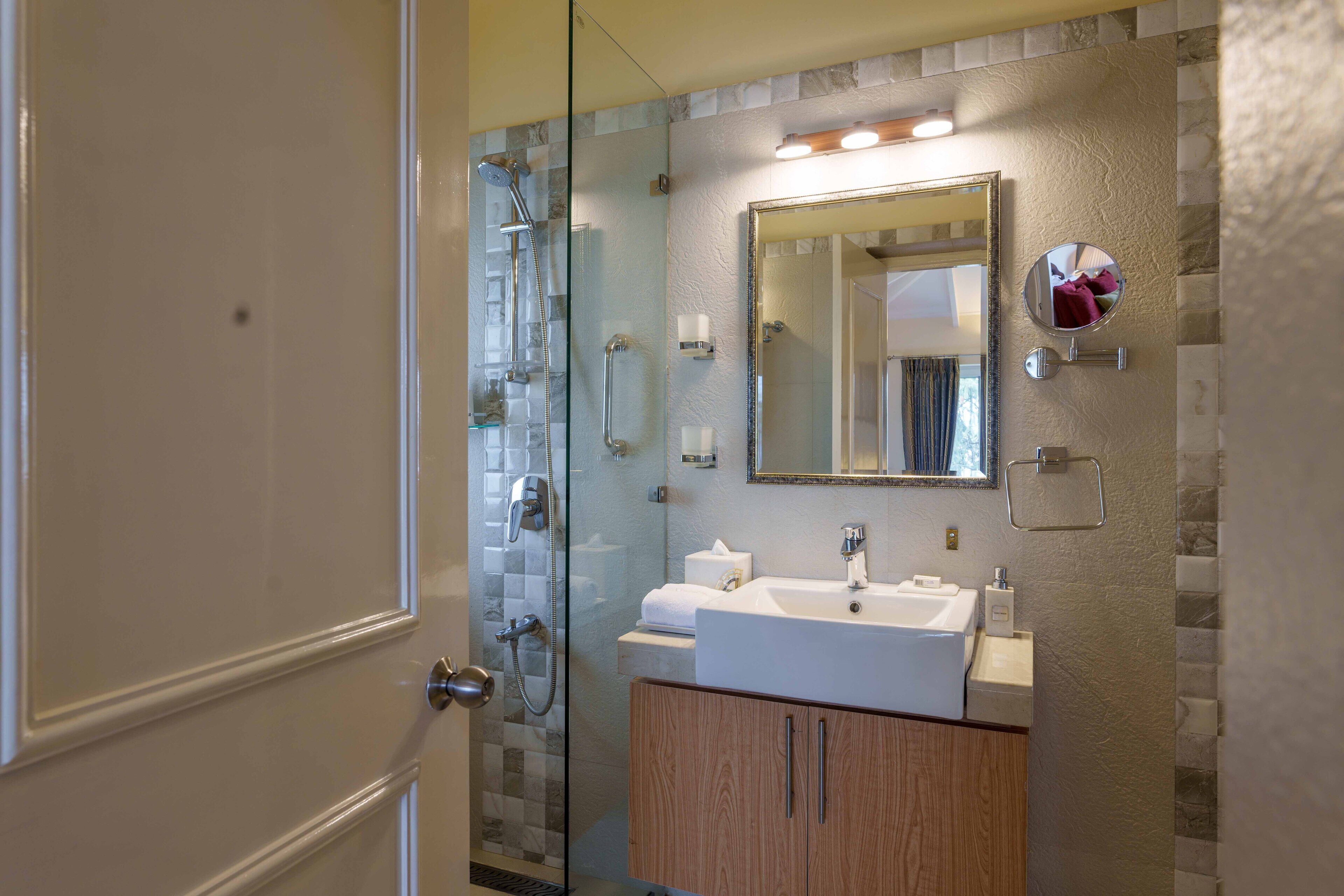 Shower, hair dryer, towels