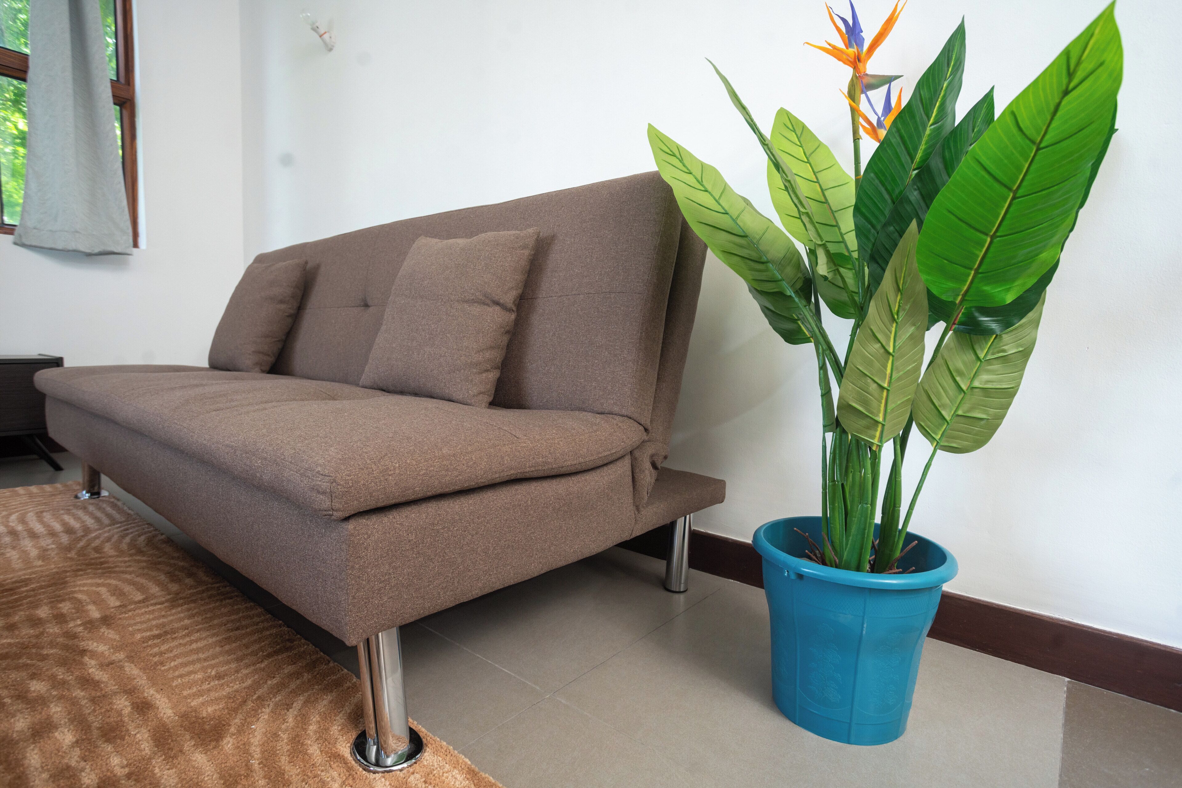 A brown sofa with a cushion, a blue potted plant, and a patterned rug in a room with a tiled floor.