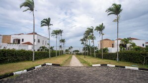 A paved pathway leading to a coastal area with white buildings and palm trees.