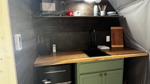 A compact kitchen with a microwave, a small refrigerator, a sink, and a green cabinet. -  Red Owl Retreat: The Peaks Geodesic Dome  (Bigfork)