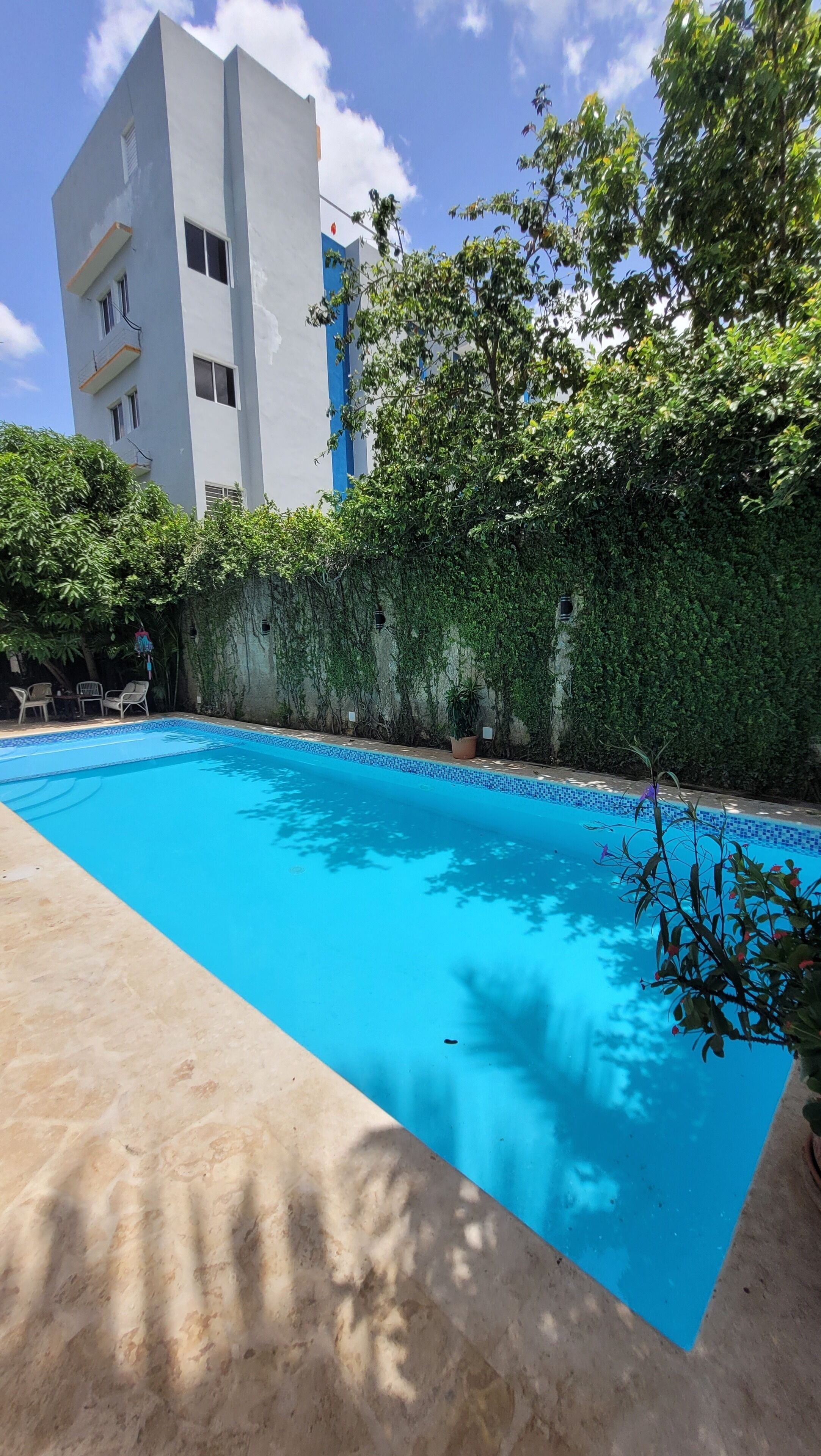 Una piscina con borde de azulejos, rodeada por una plataforma de hormigón. Se observa un edificio con fachada blanca y detalles azules al fondo.