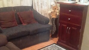 Ein Wohnzimmer mit einem dunklen Sofa, einem gemusterten Teppich und einem Holzschrank.