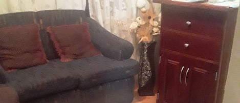 A living room with a dark sofa, a patterned rug, and a wooden cabinet.