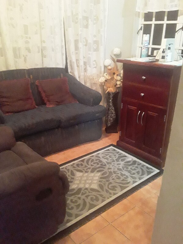 A living room with a dark sofa, a patterned rug, and a wooden cabinet.