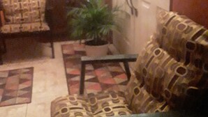 Ein Wohnzimmer mit gemusterten Sofas, einem Couchtisch und einer Topfpflanze.